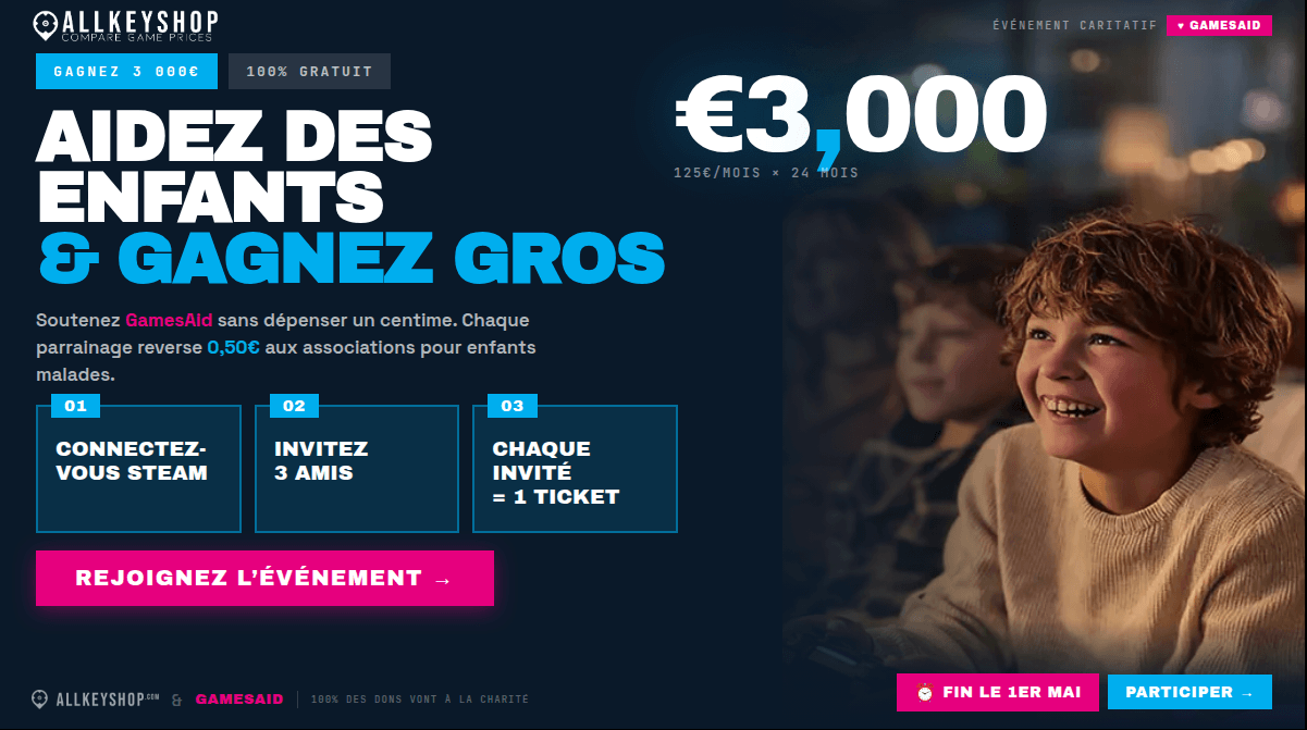 Plus que 5 jours ! Aidez les enfants malades gratuitement et tentez de gagner 3 000 € avec AllKeyShop