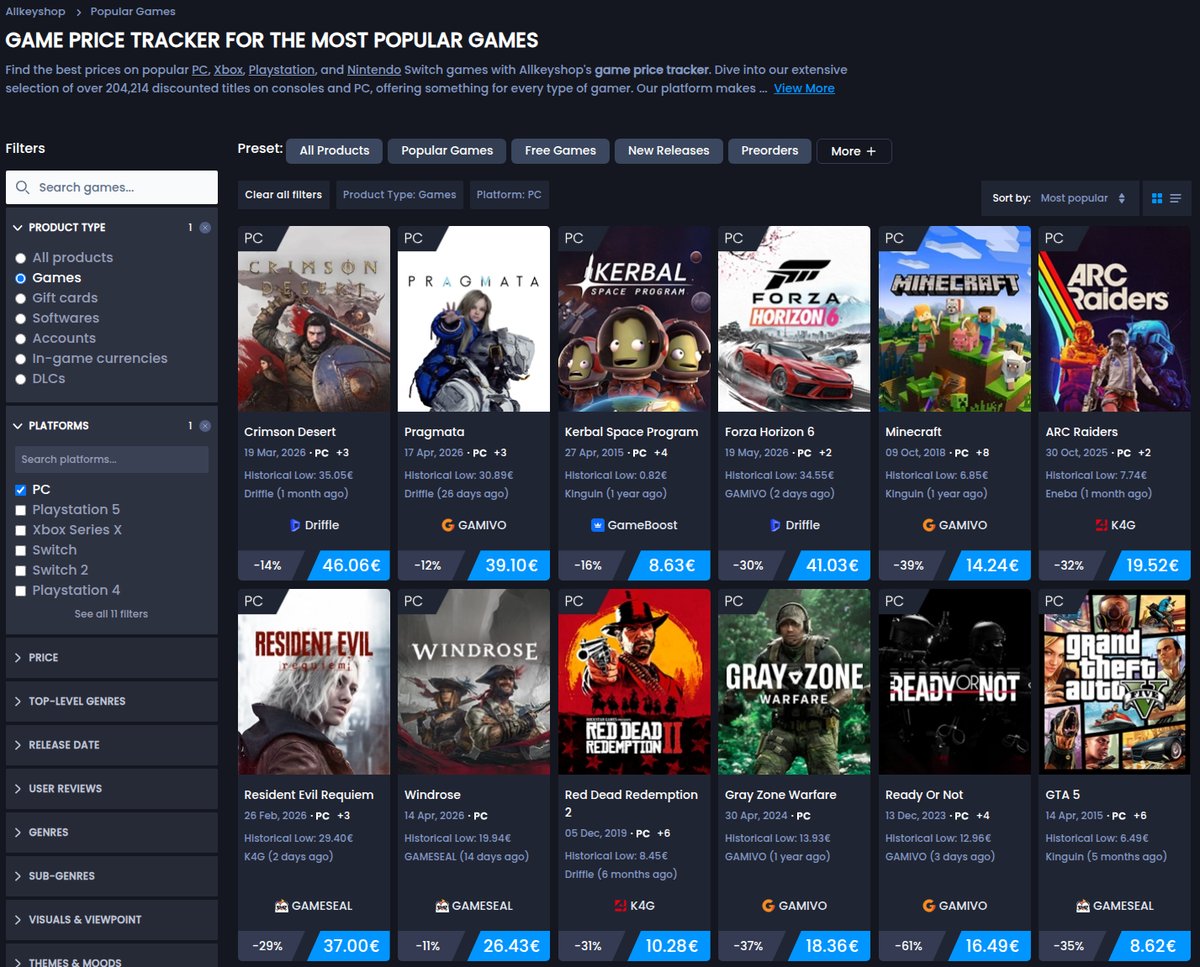 Catalogue de jeux PC GocleCD filtré par plateforme, comparateur de prix en temps réel