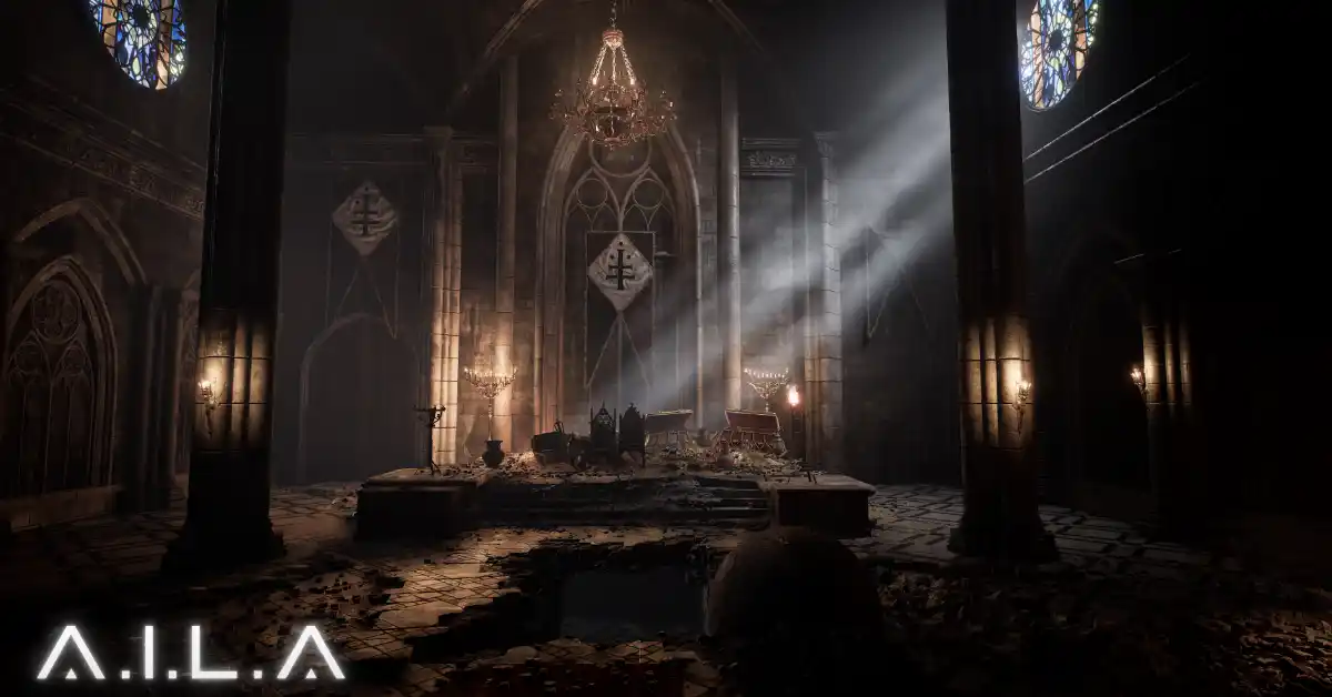 Capture d’écran de gameplay de A.I.L.A montrant un scénario d’horreur médiéval généré par l’IA