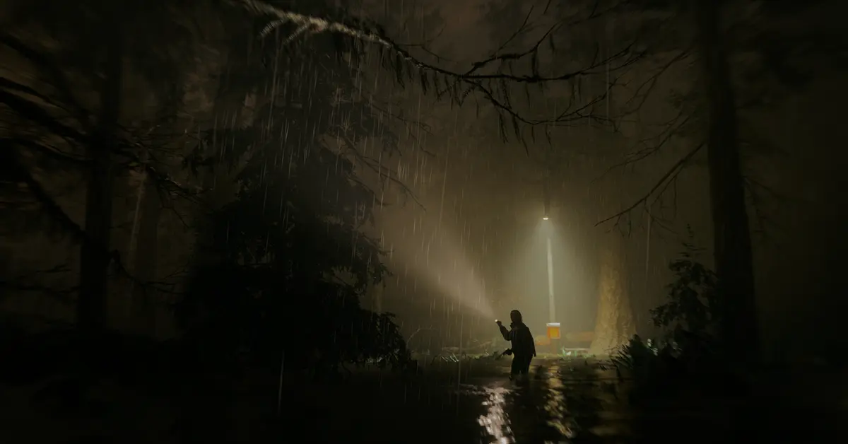 Alan Wake et Saga Anderson debout dans les bois du nord-ouest du Pacifique.