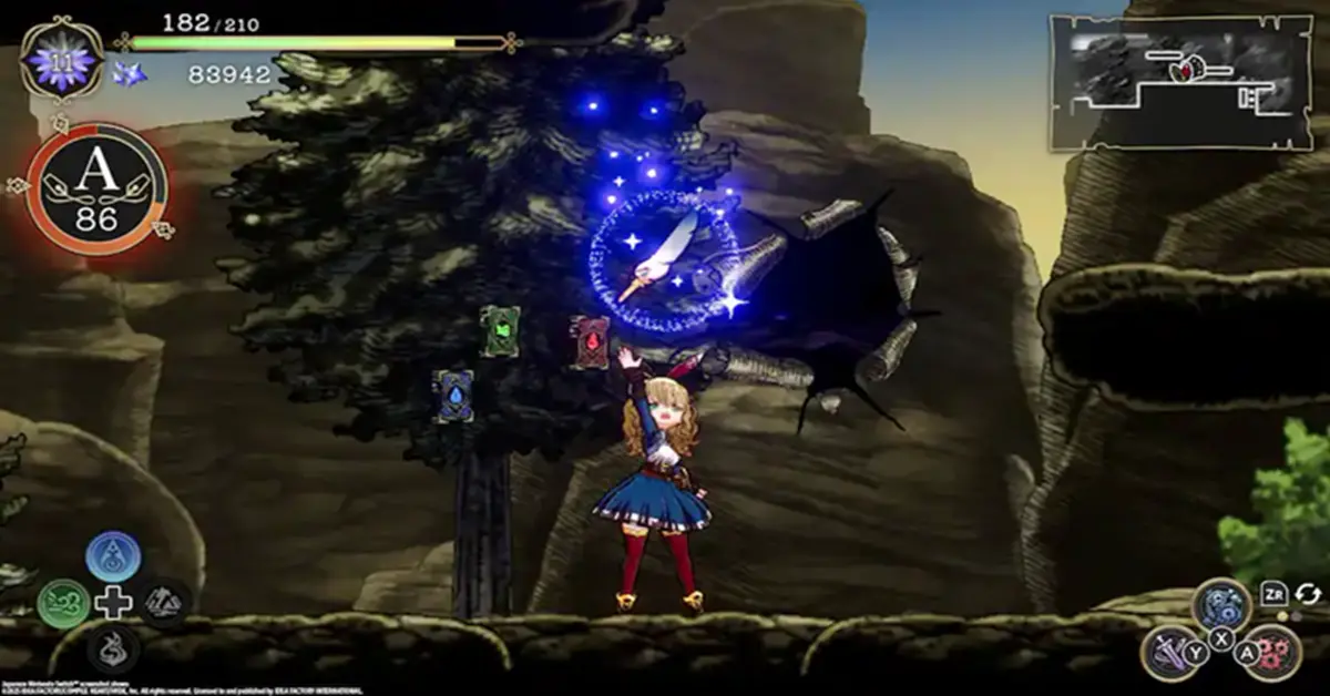 Ariana lançant un sort de combat lumineux dans un environnement de forêt enchantée et luxuriante dans Ariana and the Elder Codex.