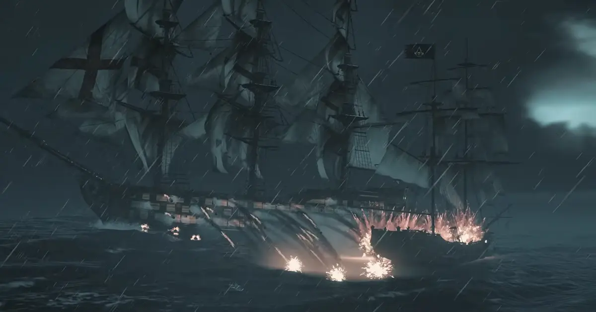 Le navire Jackdaw tirant au canon sur un galion britannique pendant une tempête dans Black Flag Resynced