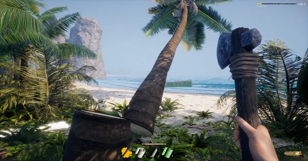 Gameplay de survie dans Away From Life montrant un personnage sur une plage tropicale.