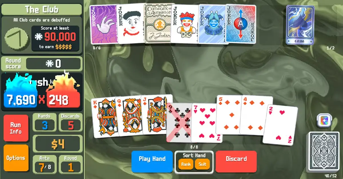 Une disposition surréaliste de mains de poker comprenant des Jokers qui modifient la réalité, tirés du jeu Balatro.