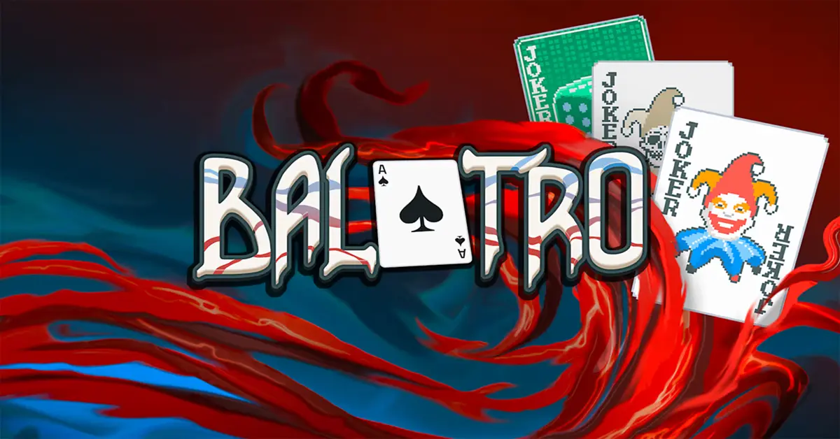 Les cartes joker vibrantes et les jetons de poker du jeu Balatro étalés sur un fond sombre.