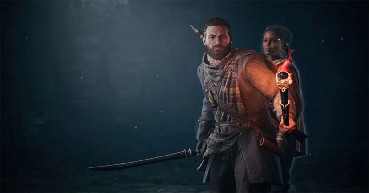 Les protagonistes de Banishers: Ghosts of New Eden, Red mac Raith et Antea Duarte, debout dans une forêt brumeuse du XVIIe siècle.