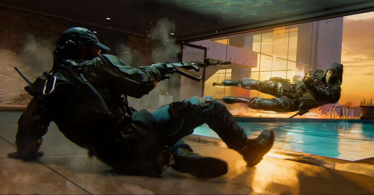 Un perso multijoueur de Call of Duty Black Ops 6 en pleine glissade tout en tirant.