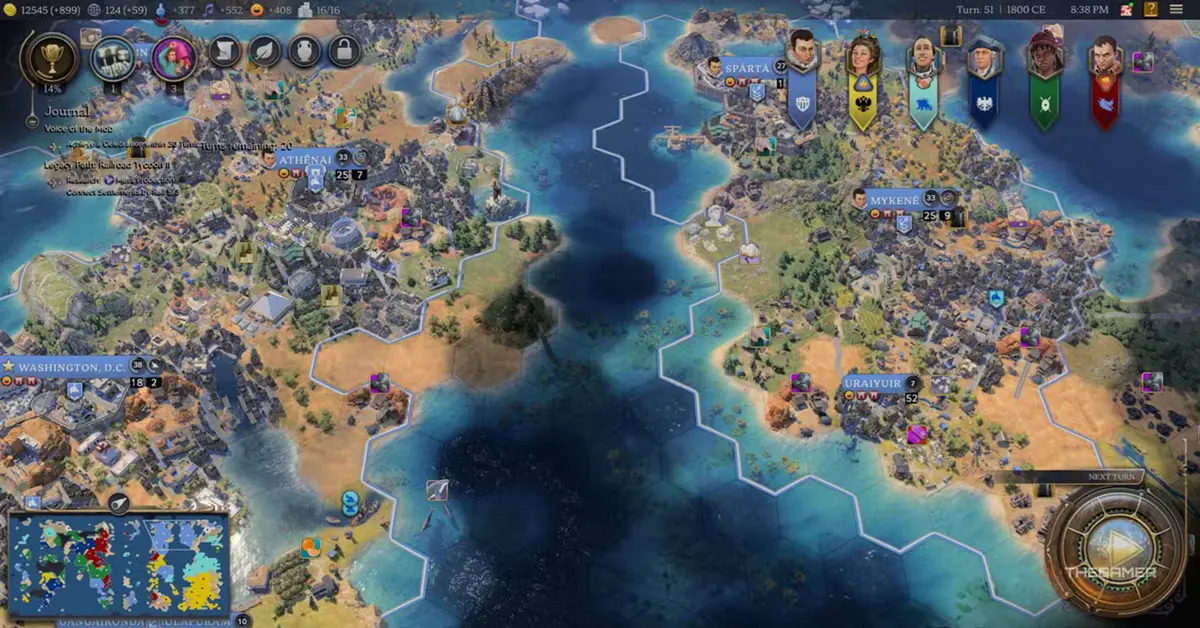 Vue de la carte tactique dans Civilization VII montrant des villes tentaculaires sur un continent luxuriant
