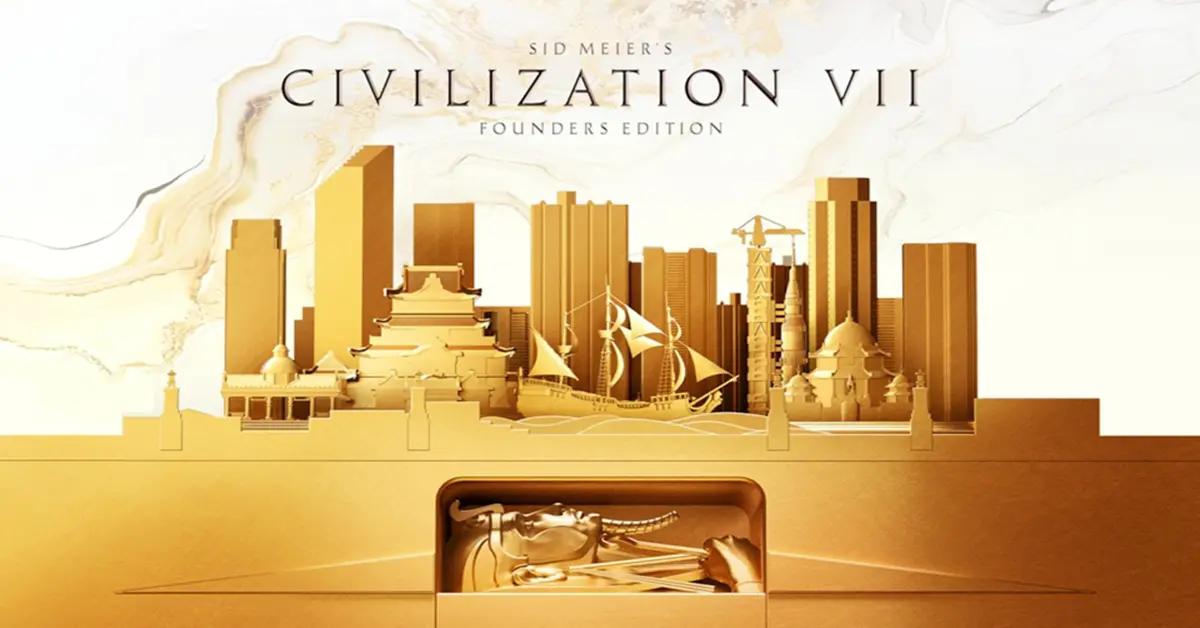 Illustration principale de Civilization VII avec des dirigeants historiques contemplant un vaste empire en expansion