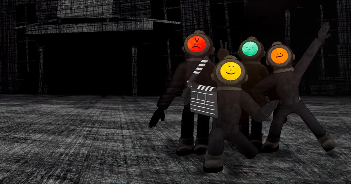 Quatre joueurs en coop avec des visages ASCII personnalisés tenant des torches dans Content Warning