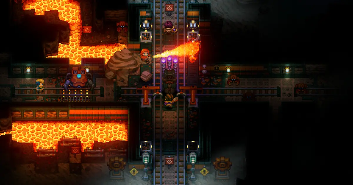 Joueur de Core Keeper exploitant des minerais dans une caverne souterraine en pixel art