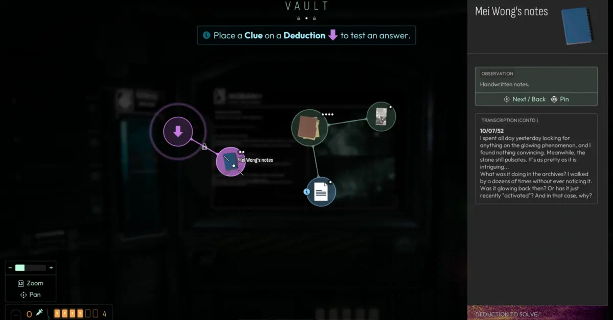 L'interface du Vault requiert une gestion méticuleuse des preuves afin de prévenir toute détérioration de la santé mentale durant l'investigation.