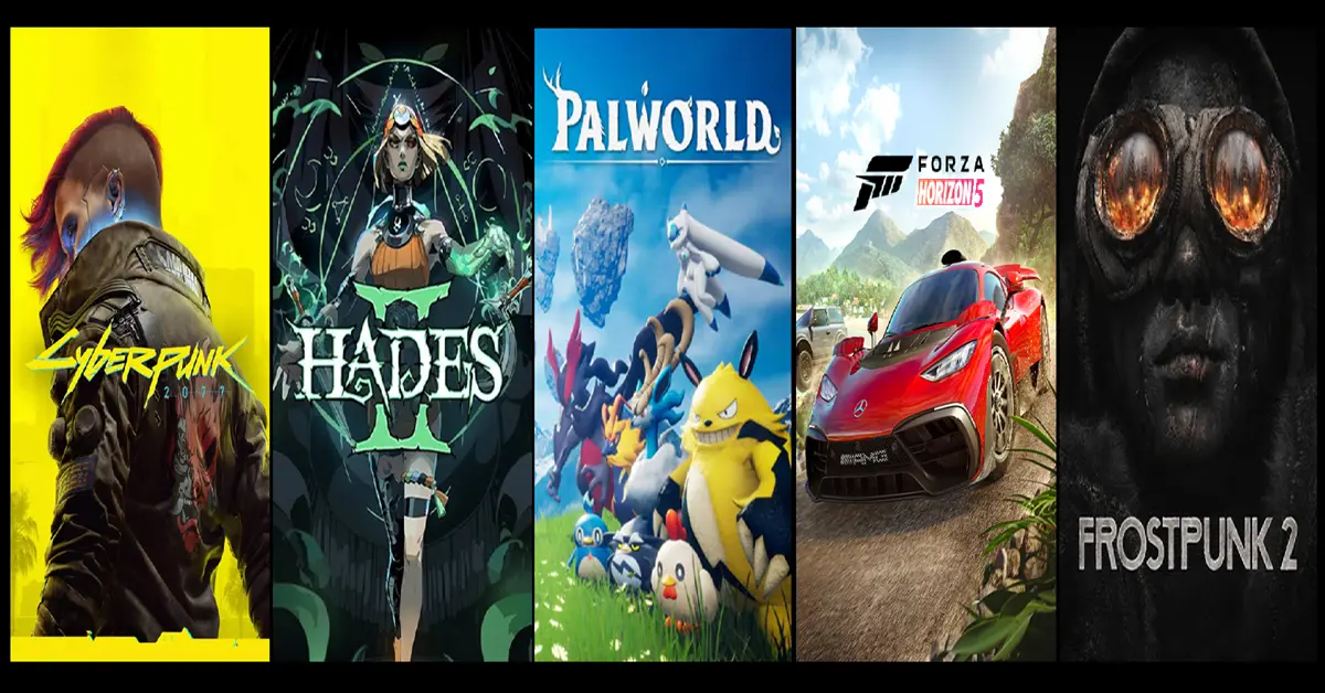 Écran scindé montrant Cyberpunk 2077, Hades 2, Palworld, Forza Horizon 5 et Frostpunk 2