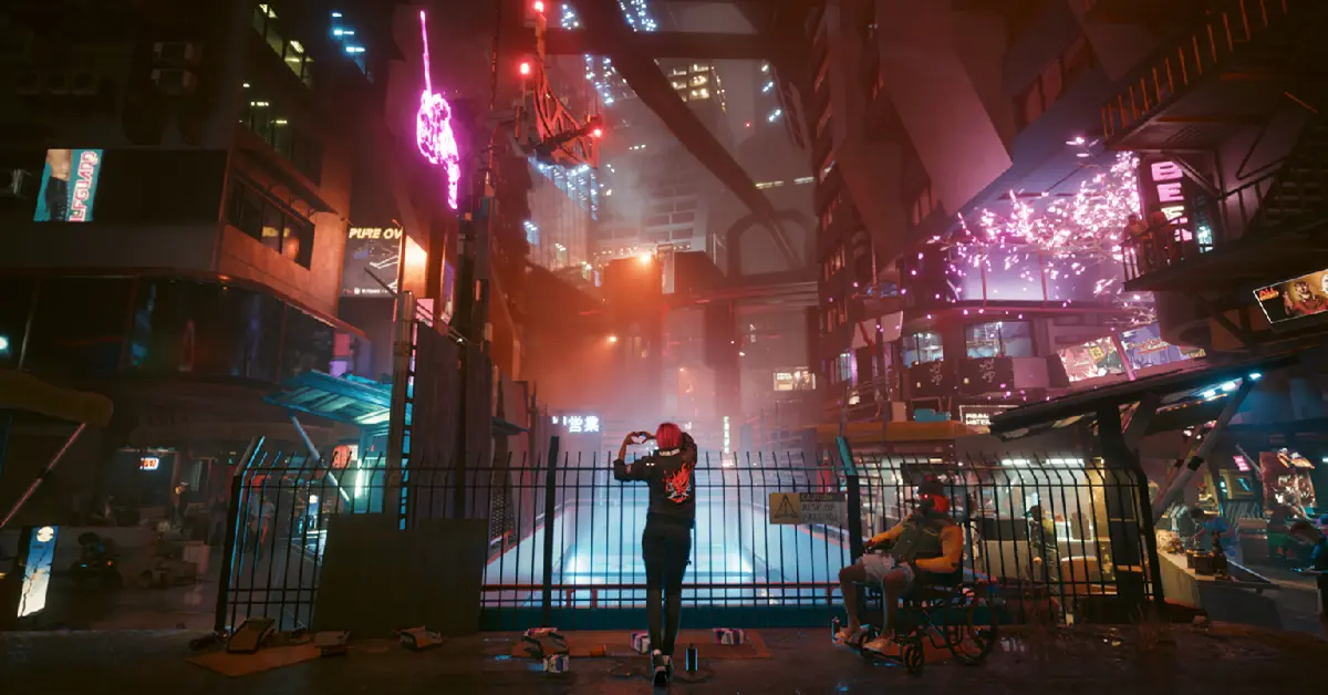 Le protagoniste V de Cyberpunk 2077 Ultimate Edition contemplant Night City