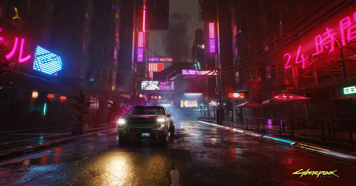 Gameplay de Cyberpunk 2077 Ultimate Edition montrant V dans une rue de Night City éclairée aux néons.