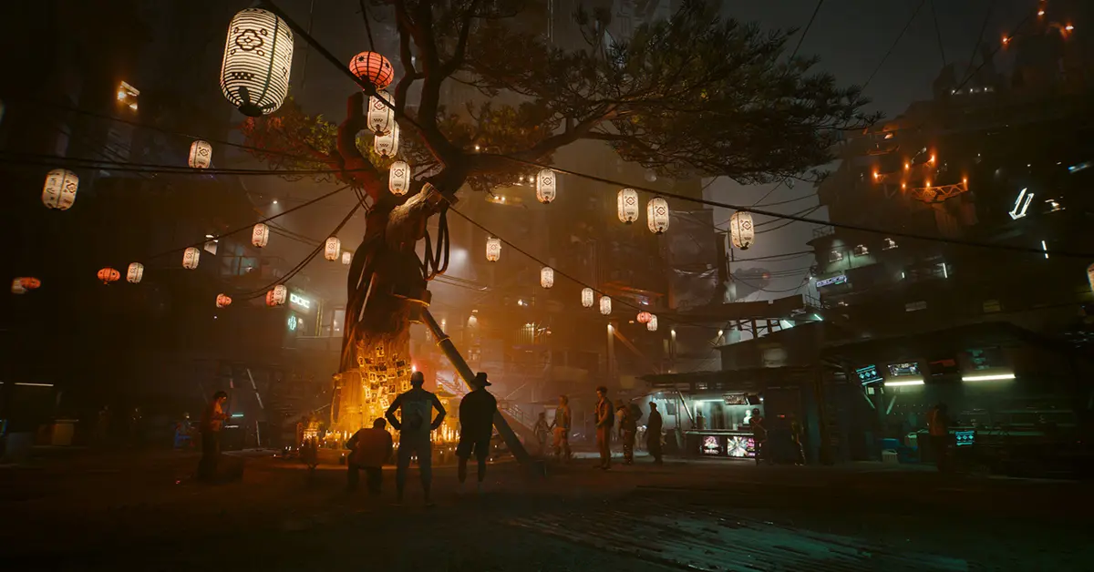 V et Solomon Reed debout dans les ruines éclairées au néon de Dogtown dans Cyberpunk 2077 Phantom Liberty