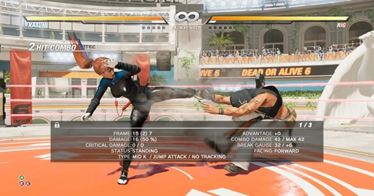 Combat en jeu de Dead or Alive 6 montrant la sélection actuelle des personnages