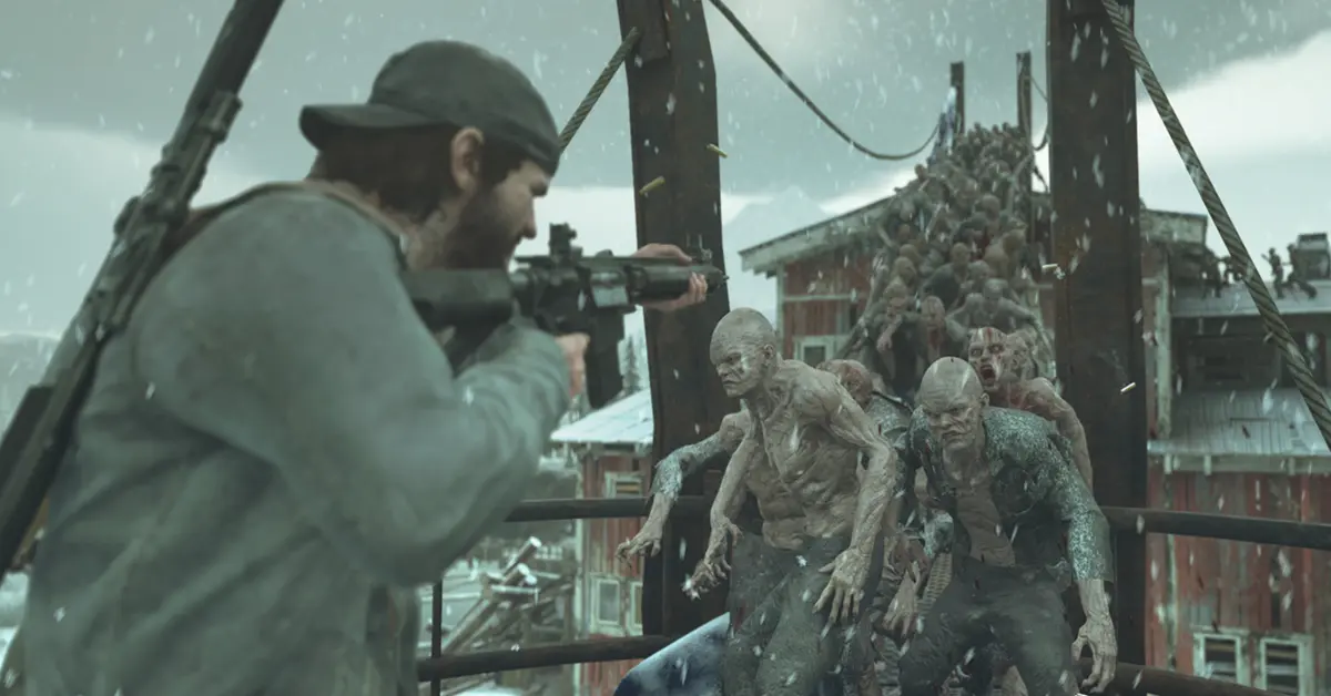 Une immense horde de mutants poursuivant Deacon à travers une scierie abandonnée dans Days Gone.