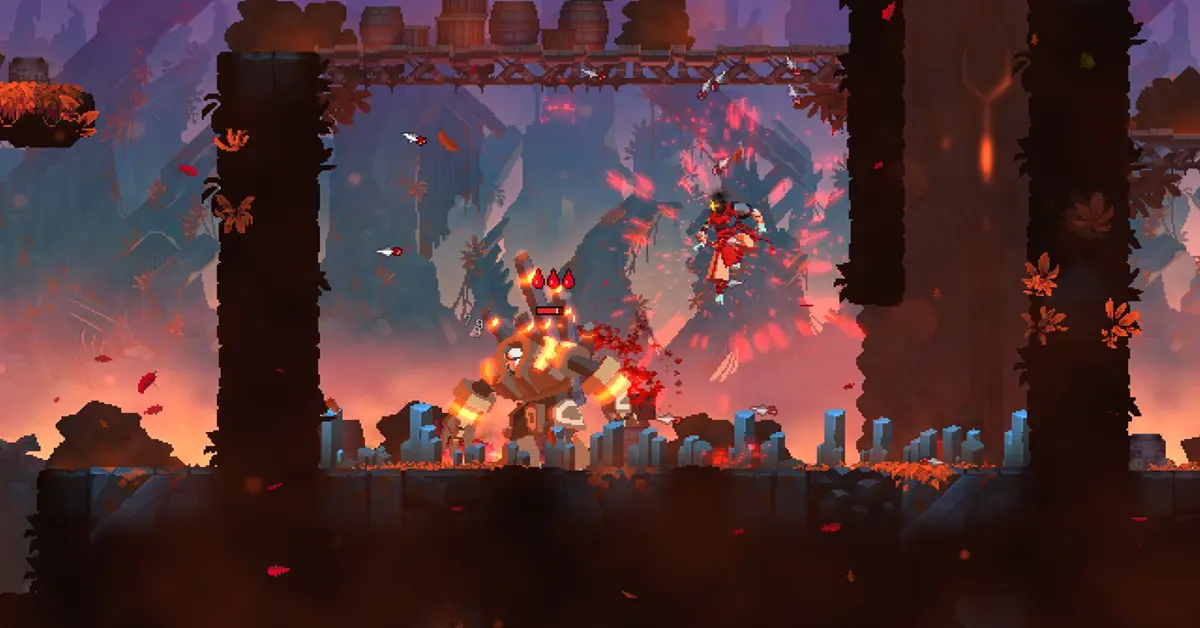 Le protagoniste décapité de Dead Cells exécutant une attaque écrasante vers le bas contre plusieurs ennemis dans un donjon sombre en pixel-art.