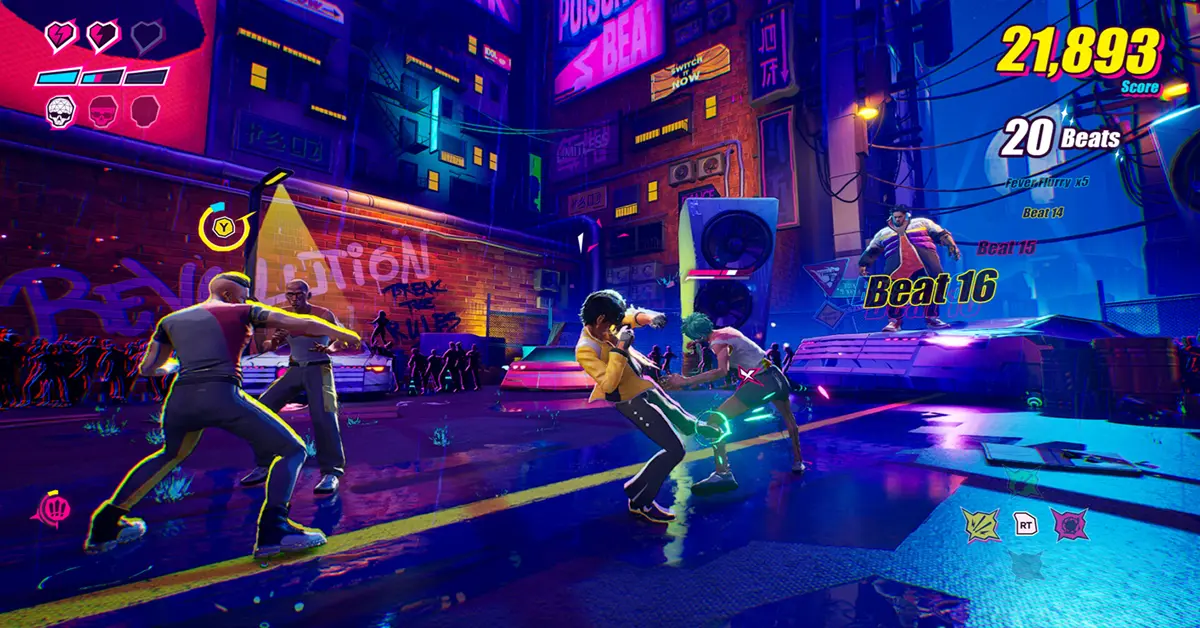 Séquence de gameplay du jeu de combat rythmique au style néon Dead As Disco, montrant Charlie Disco combattant des ennemis.