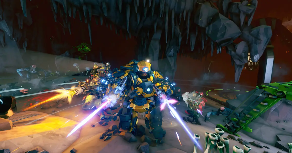 Quatre Nains Récupérateurs tenant des armes high-tech et se tenant ensemble dans Deep Rock Galactic Rogue Core