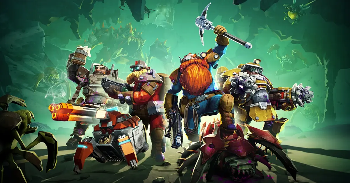 Une escouade de nains mineurs lourdement armés se tenant ensemble dans une caverne extraterrestre sombre et luminescente dans Deep Rock Galactic