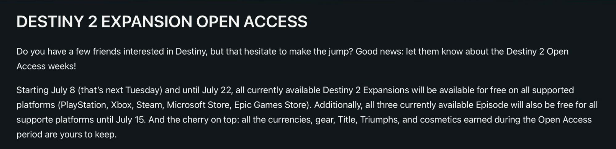 Destiny 2 Expansion Free Access