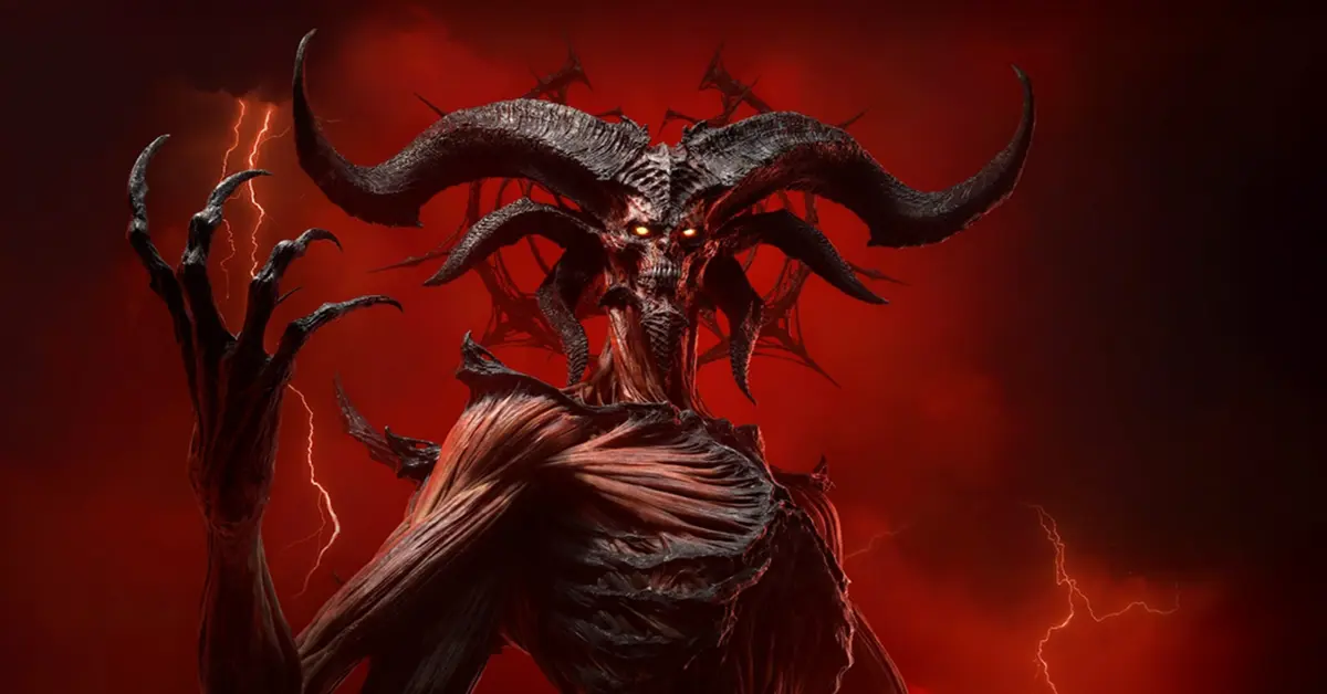 Illustration officielle de Diablo IV Lord of Hatred mettant en scène une figure démoniaque corrompue sur un fond rouge vif
