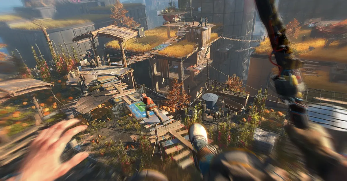 Un survivant solitaire contemplant un paysage urbain en ruine et envahi par la végétation au coucher du soleil dans Dying Light 2.
