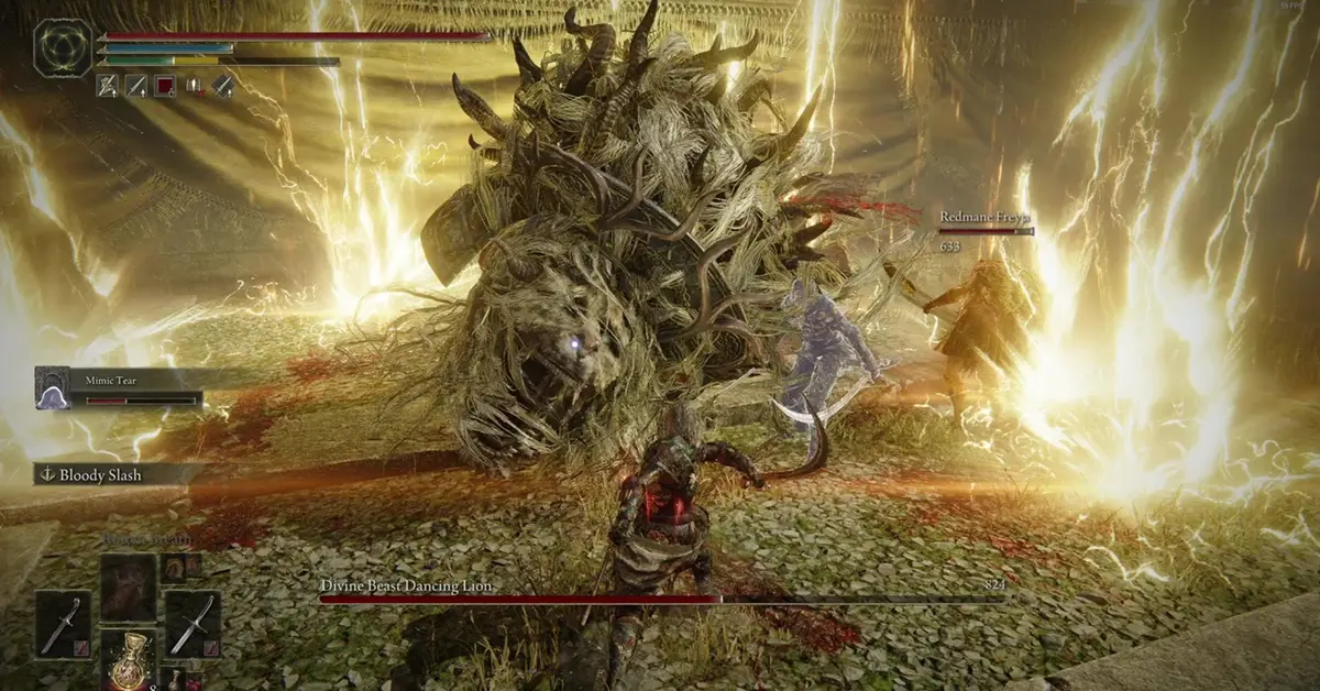 Un Sans-éclat affrontant le boss Bête divine Danse-lion avec de nouvelles armes