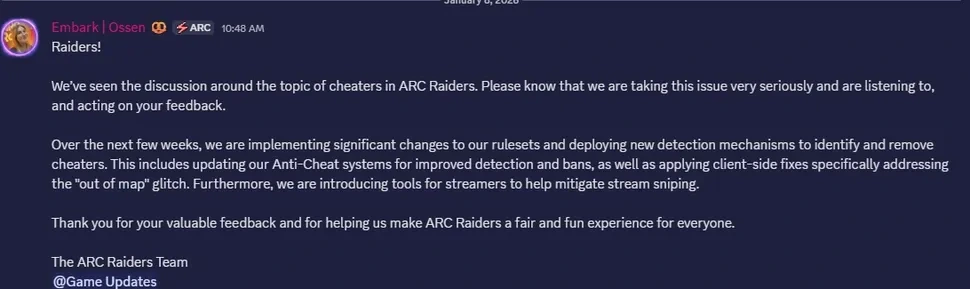 Embark Studios publie une déclaration aux tricheurs d ARC Raiders