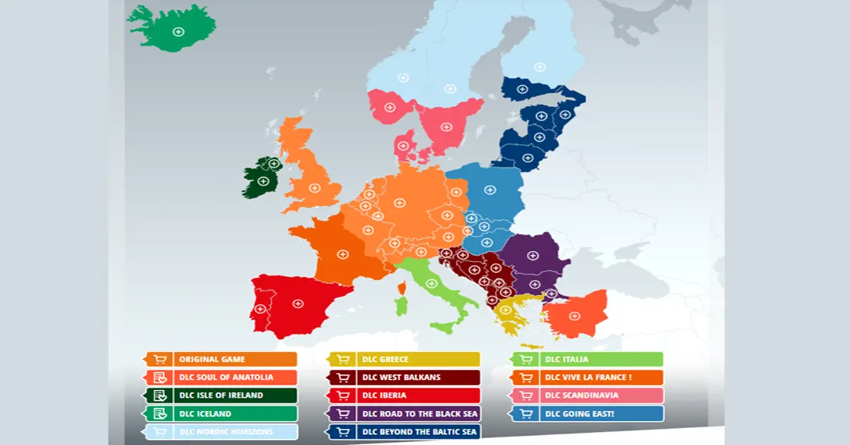 Interface de la carte affichant les territoires européens étendus dans Euro Truck Simulator 2