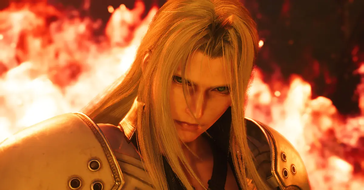 Sephiroth debout au milieu des flammes dans une séquence de flashback.