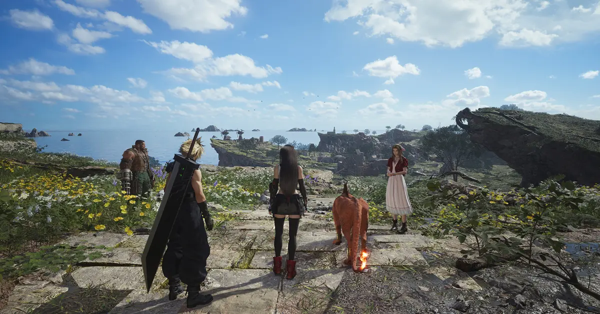 Personnages de Final Fantasy VII Rebirth debout sur une falaise surplombant les Prairies.