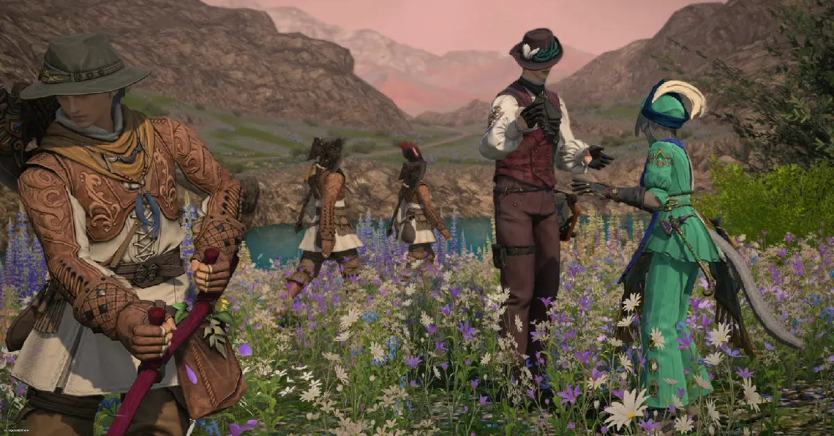 Un Pictomancien et un Rôdeur de la vipère se tenant dans un paysage de jungle luxuriante dans Final Fantasy XIV Dawntrail.