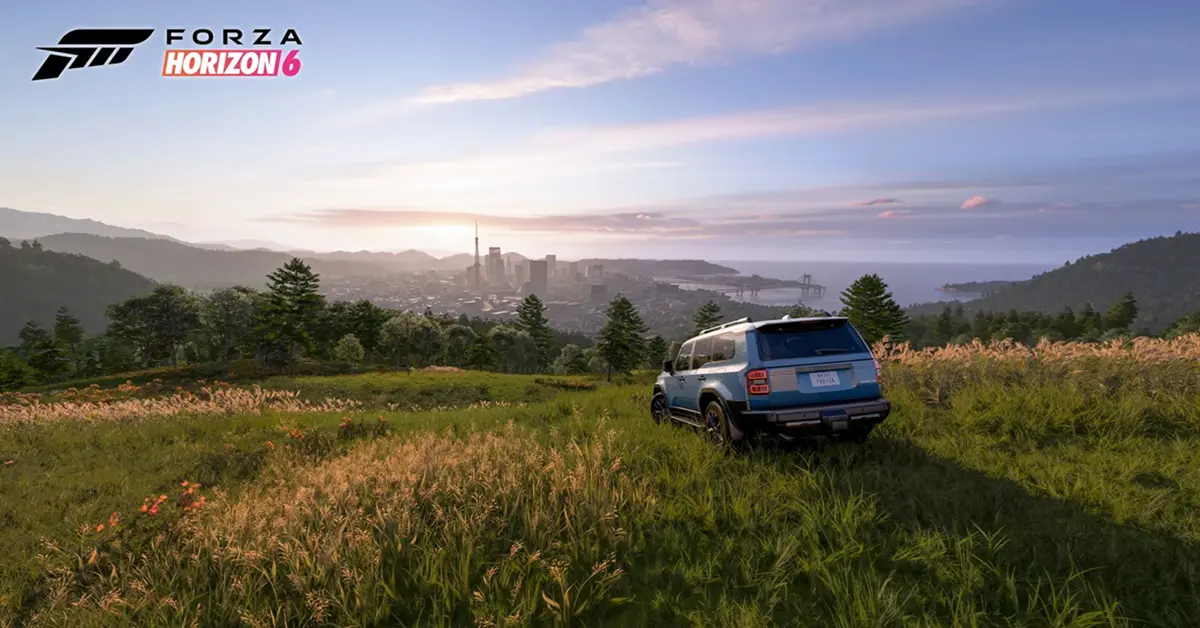 Une vue panoramique de cols de montagne sinueux à la périphérie de Tokyo dans Forza Horizon 6 au crépuscule.