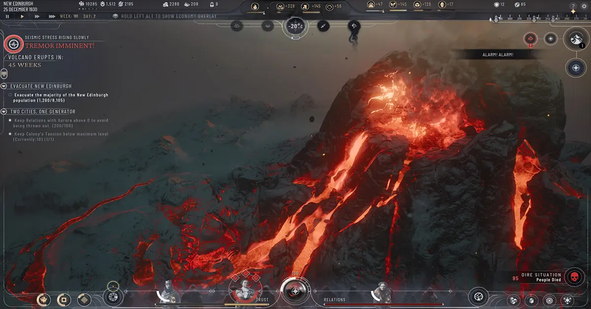 Interface de Frostpunk 2 montrant des chutes de cendres volcaniques sur la colonie de Nouvelle-Édimbourg