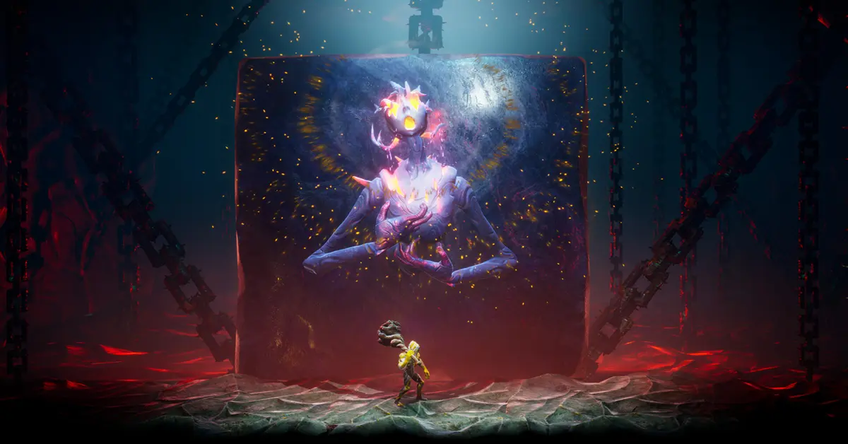 Un protagoniste surréaliste et rocheux dans Grime II absorbant un ennemi vaincu dans une caverne sombre et atmosphérique.