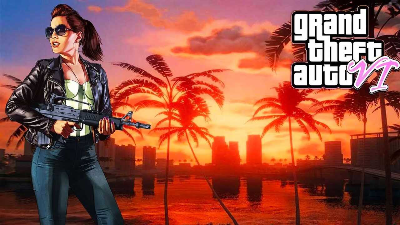 Fille armée de GTA VI au coucher de soleil dans les palmiers