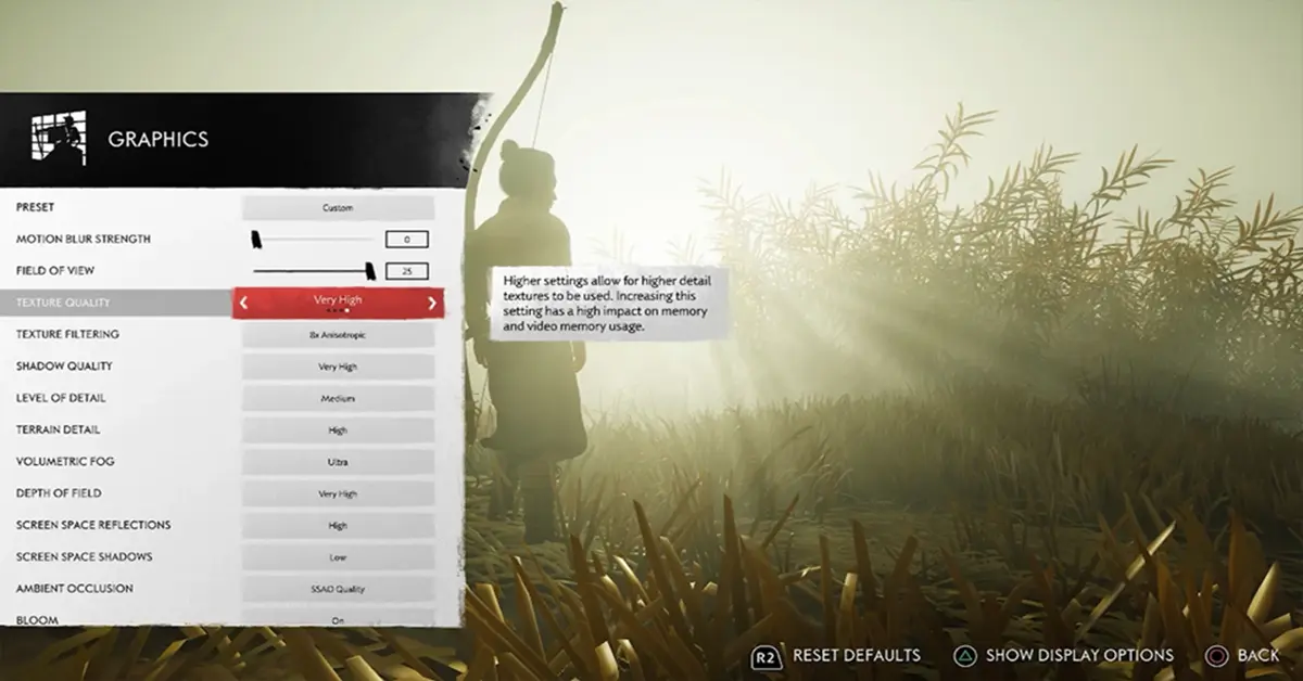 Menu des paramètres PC de Ghost of Tsushima montrant les options de graphismes et de performance.