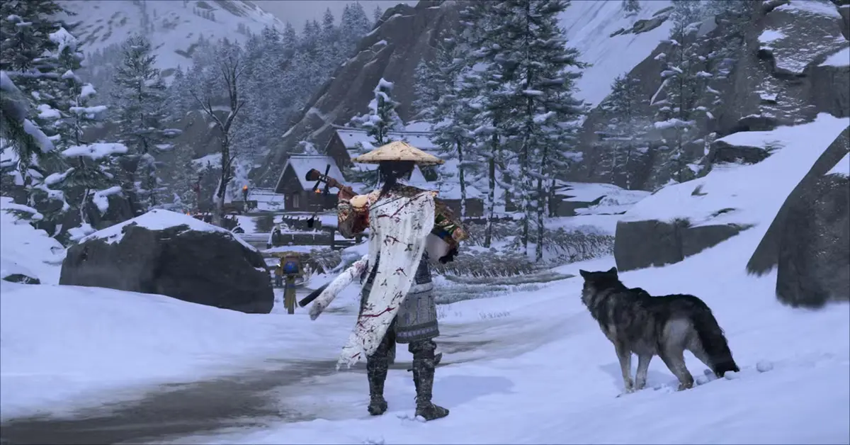 Atsu marchant dans la neige avec un compagnon loup dans le gameplay de Ghost of Yōtei