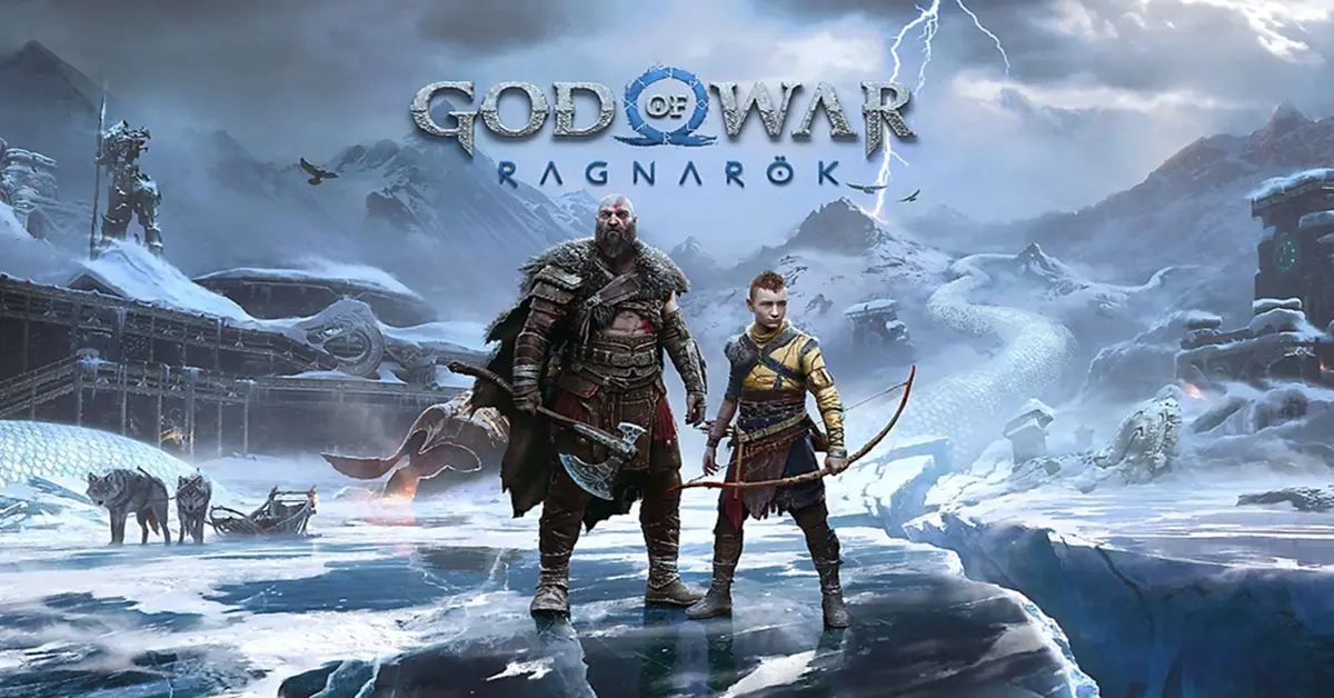 Kratos et Atreus debout dans la neige glaciale de Fimbulvetr dans God of War Ragnarök
