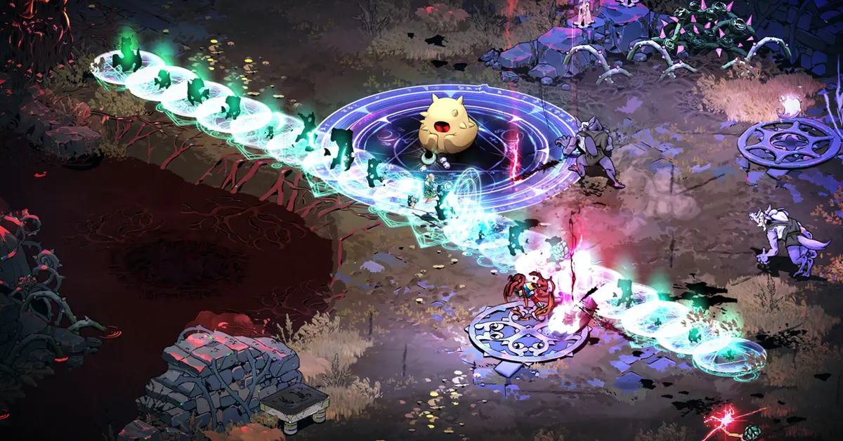 Melinoé combattant des ennemis dans un donjon souterrain vibrant et isométrique dans Hades II.