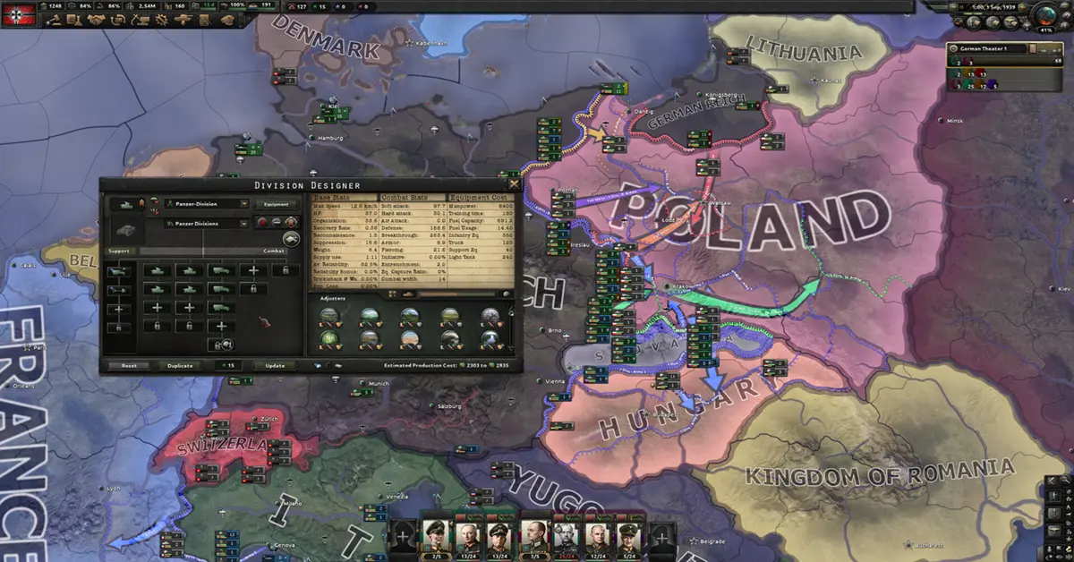 Une vue détaillée de la carte de grande stratégie de Hearts of Iron IV affichant les frontières européennes et les déploiements de troupes