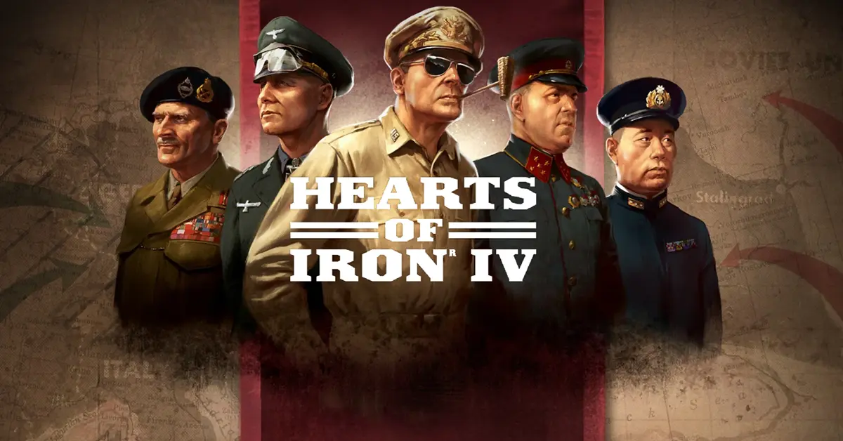 Illustration principale de Hearts of Iron IV montrant des généraux de la Seconde Guerre mondiale et des éléments de carte stratégique