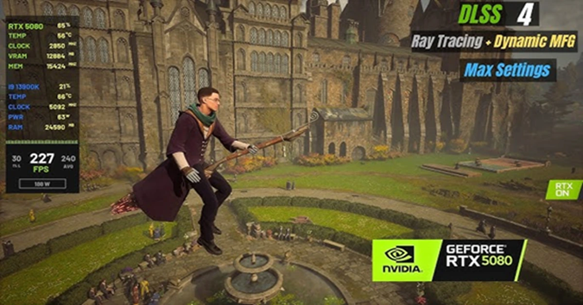 Hogwarts Legacy fonctionnant sur PC avec le DLSS4 et le ray-tracing amélioré activés.