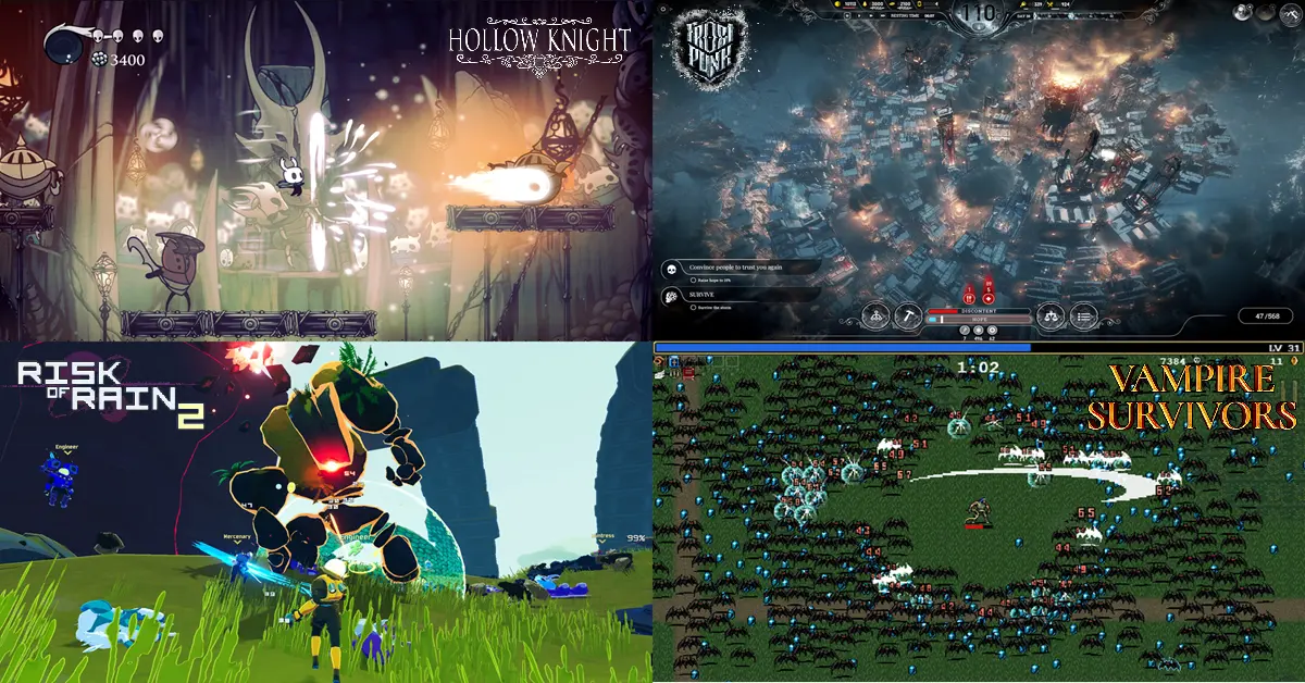 Quatre panneaux divisés présentant des illustrations de gameplay distinctes de Frostpunk, Hollow Knight, Risk of Rain 2 et Vampire Survivors