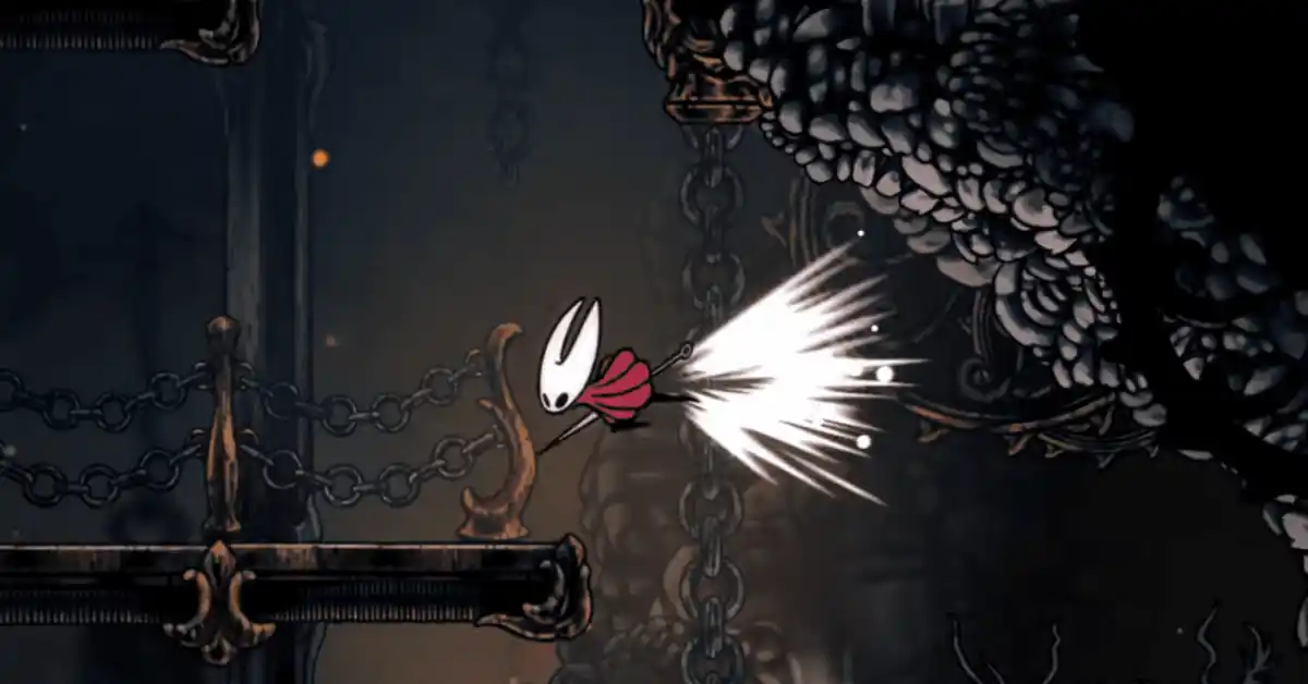 Hornet s'élance à travers la cité dorée de Pharloom dans Hollow Knight: Silksong.