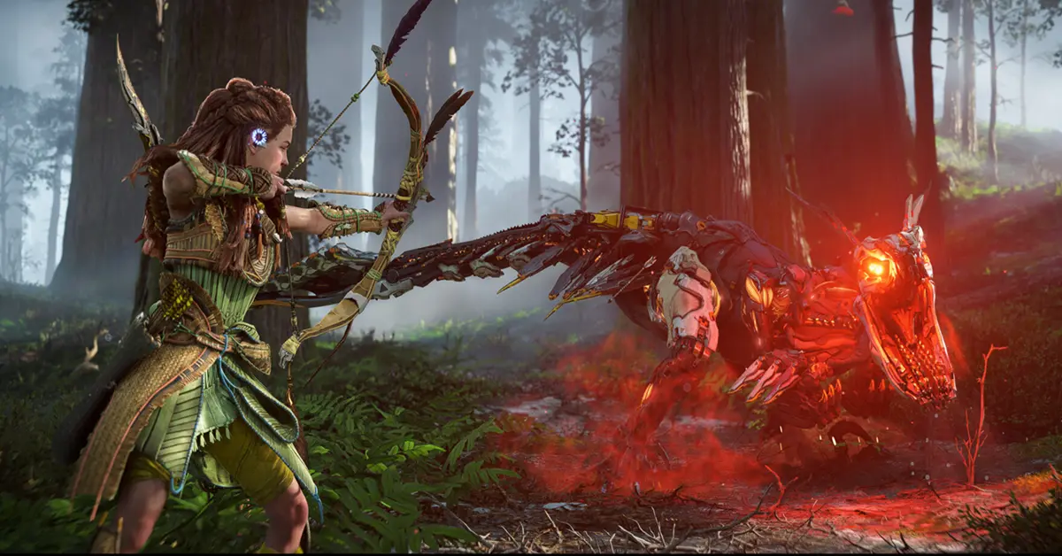 Aloy bandant son arc contre une grande créature mécanique dans un environnement de jungle luxuriante dans Horizon Forbidden West.