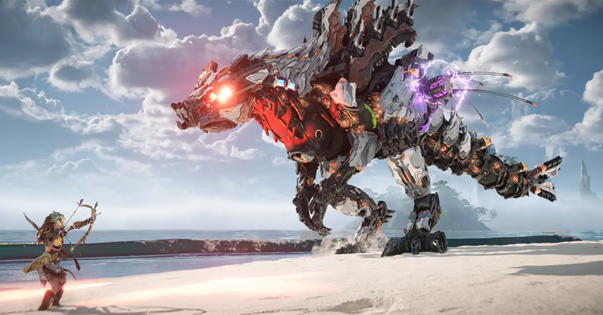 Aloy affrontant une machine mécanique dans Horizon Forbidden West PC